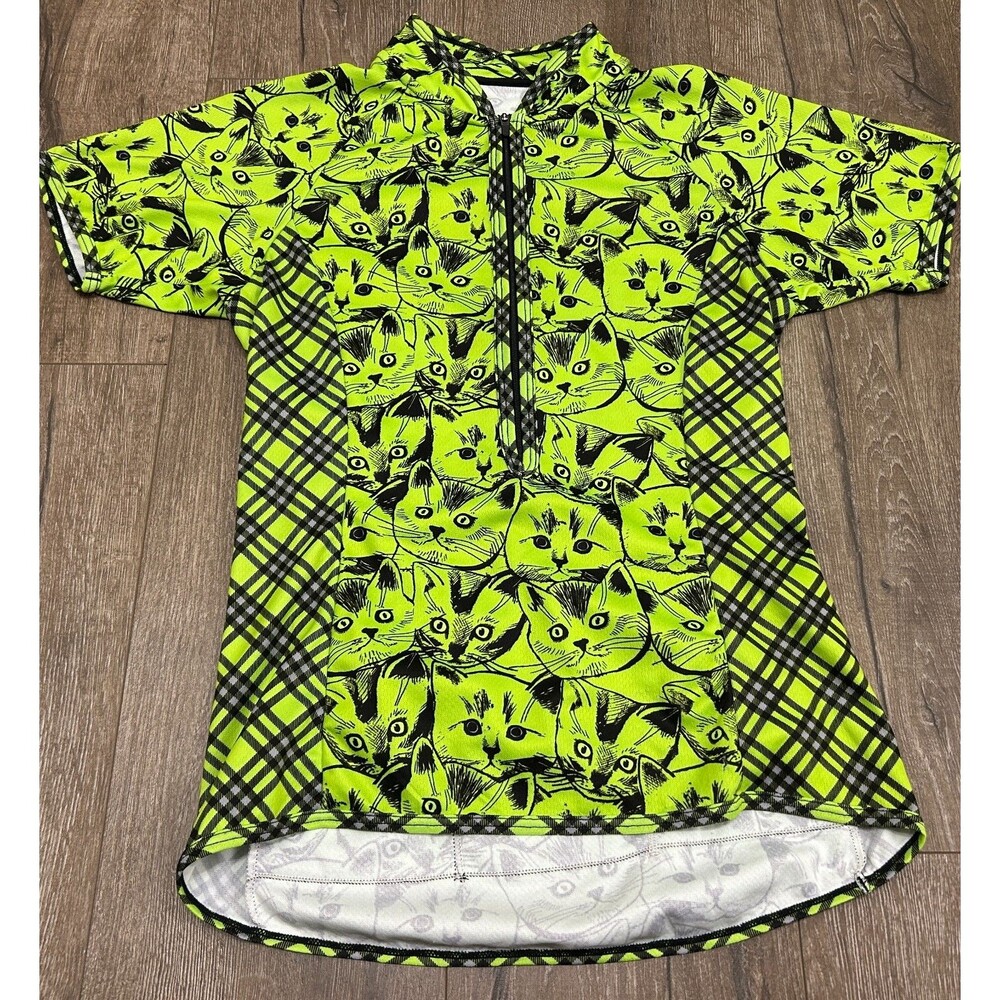 Shebeest Cycling Jersey Womens Small Neon Green Cats Kitten 1/2 Zip Short Sleeve